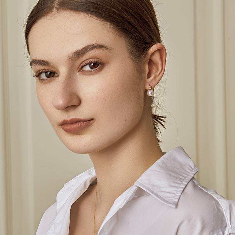 Akoya Pearl 18K Gold Double Diamond Elegant Earrings - Image 4