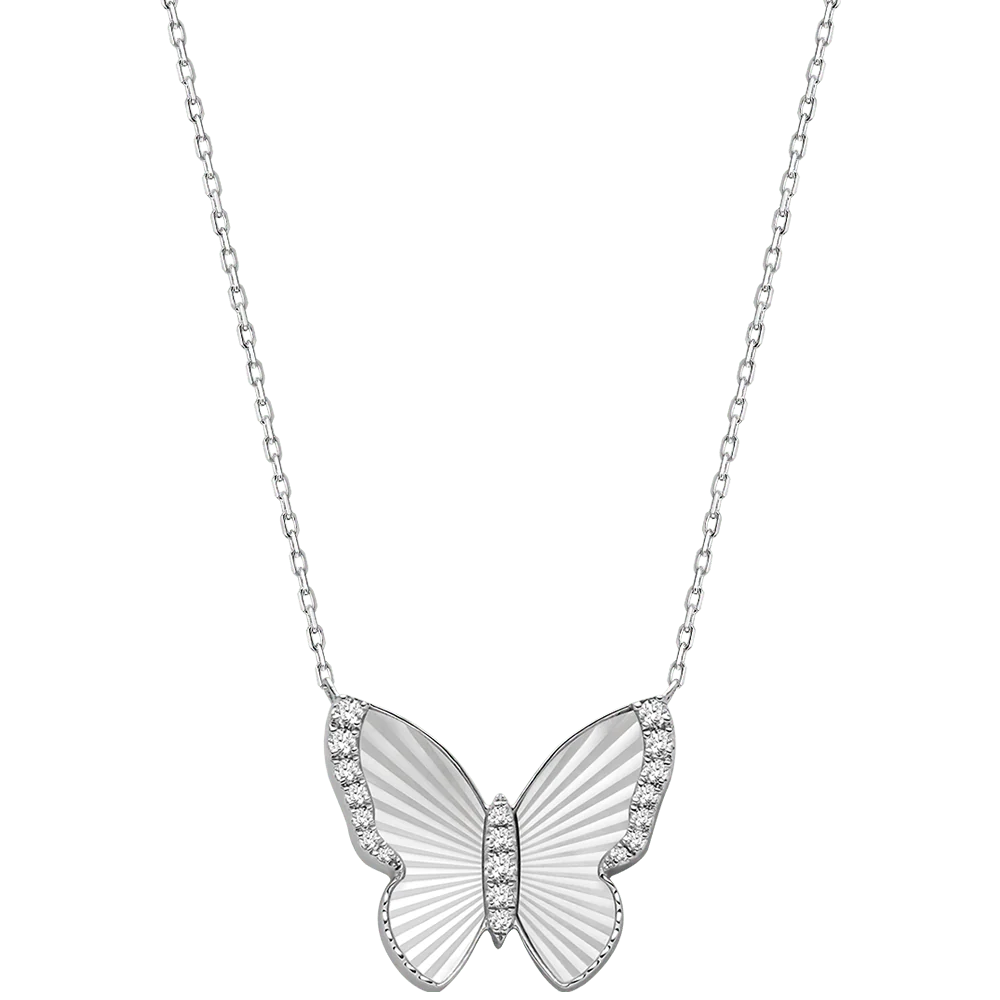 Mother of Pearl 18K Gold Diamond Radiant Cut Design Butterfly Necklace - Image 3