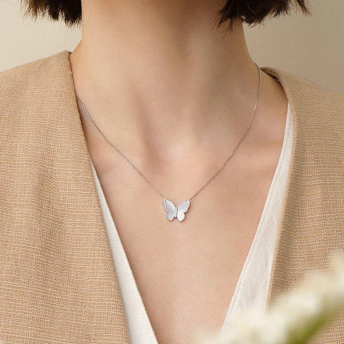 Mother of Pearl 18K Gold Diamond Radiant Cut Design Butterfly Necklace - Image 4