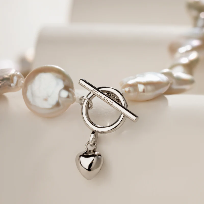 Freshwater Coin Pearl 925 Sterling Silver Toggle Clasp Design Necklace - Image 3