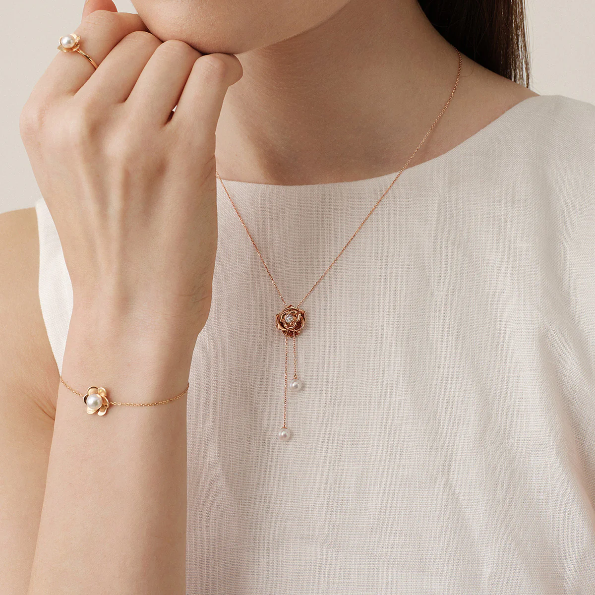 Freshwater Pearl 10K Rose Gold Lab-Grown Diamond Dewdrop Rose Necklace - Image 6