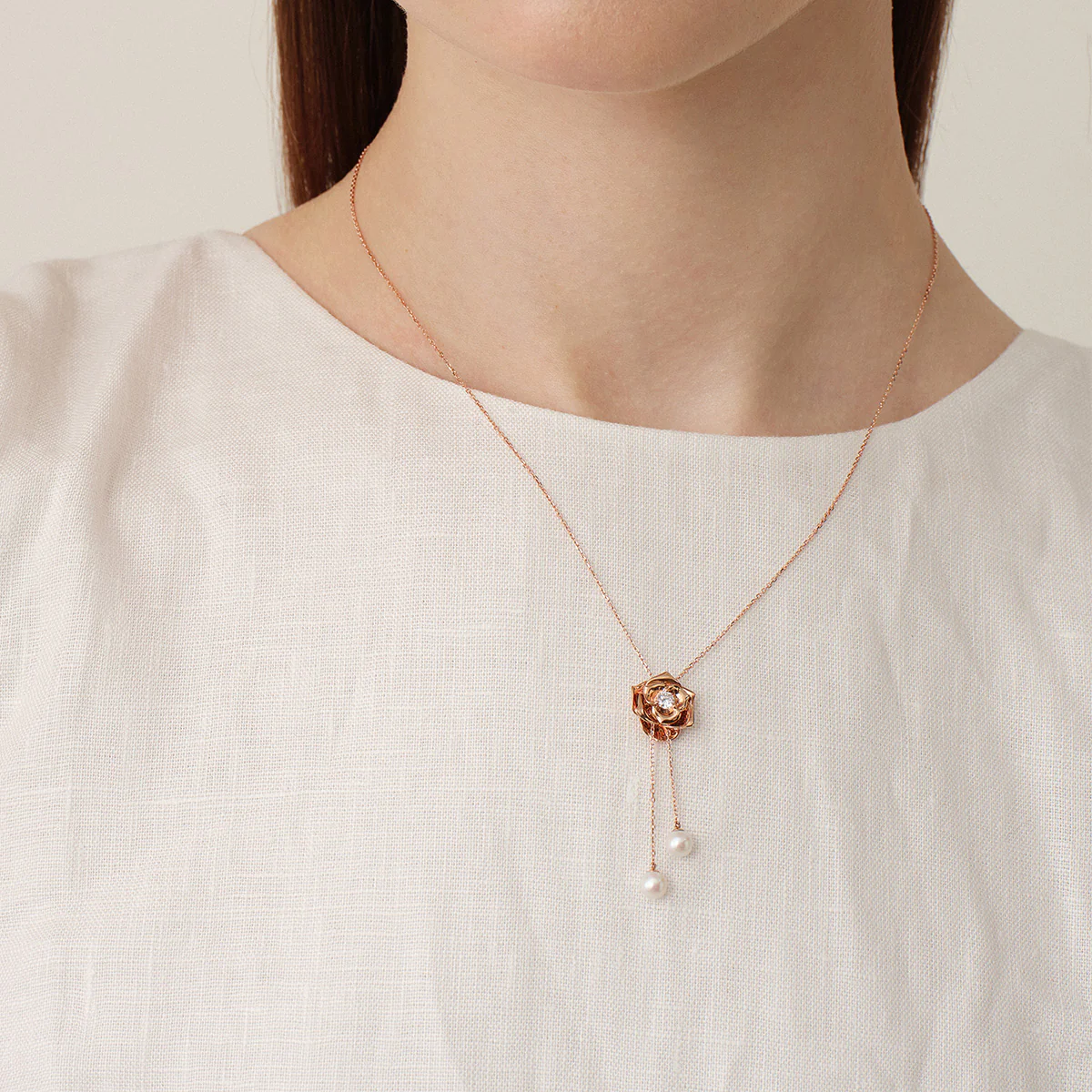 Freshwater Pearl 10K Rose Gold Lab-Grown Diamond Dewdrop Rose Necklace - Image 8