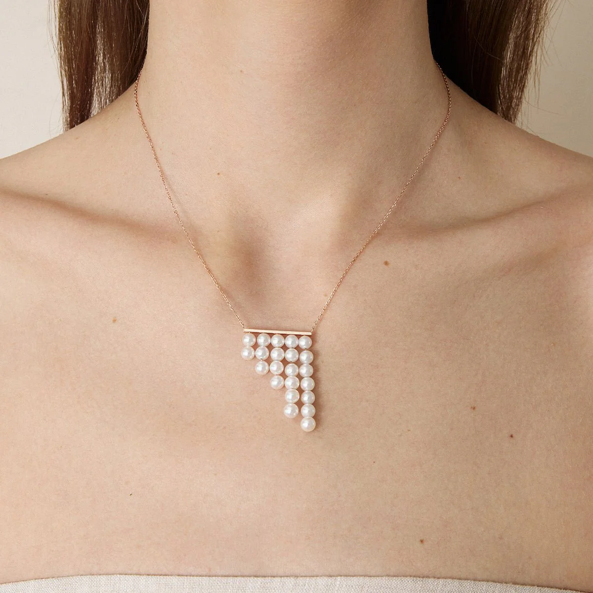 Freshwater Pearls 14K Gold Geometric Waterfall Necklace - Image 2