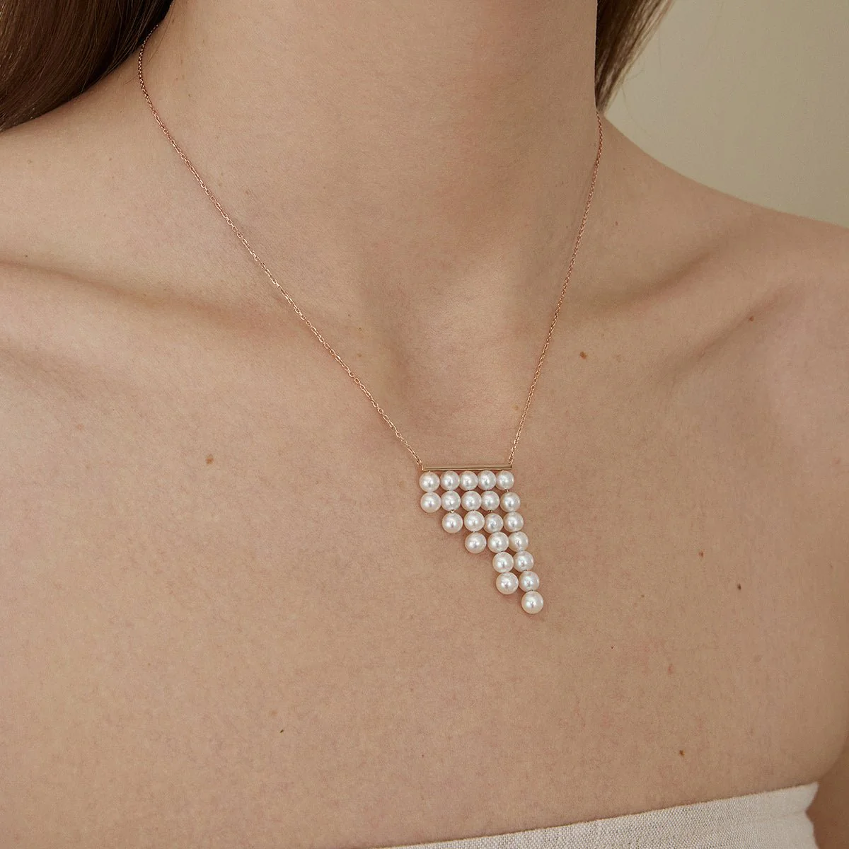 Freshwater Pearls 14K Gold Geometric Waterfall Necklace - Image 4