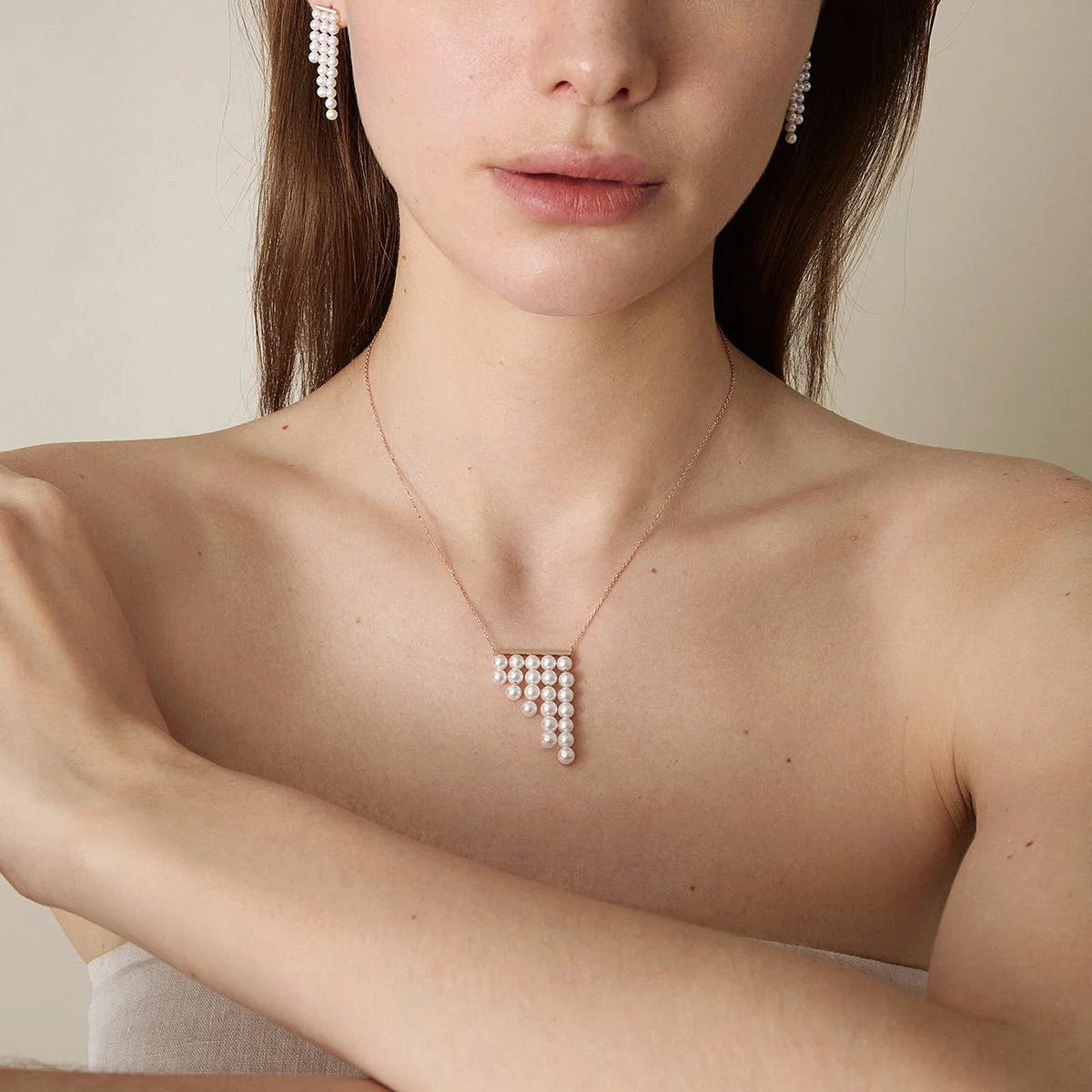 Freshwater Pearls 14K Gold Geometric Waterfall Necklace - Image 7