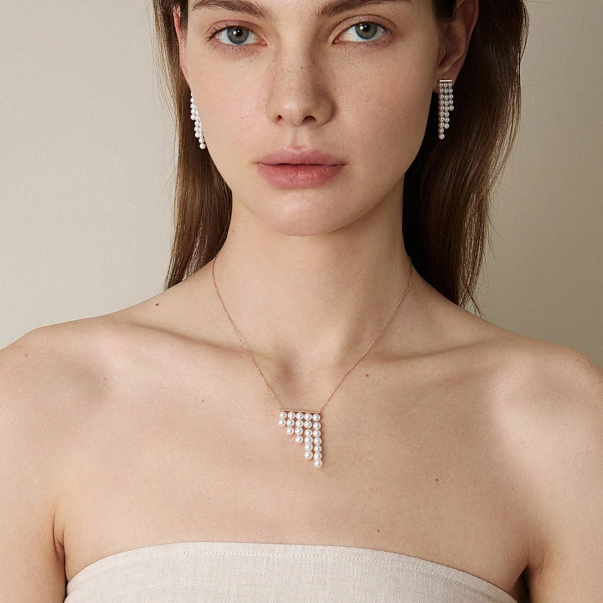 Freshwater Pearls 14K Gold Geometric Waterfall Necklace - Image 9