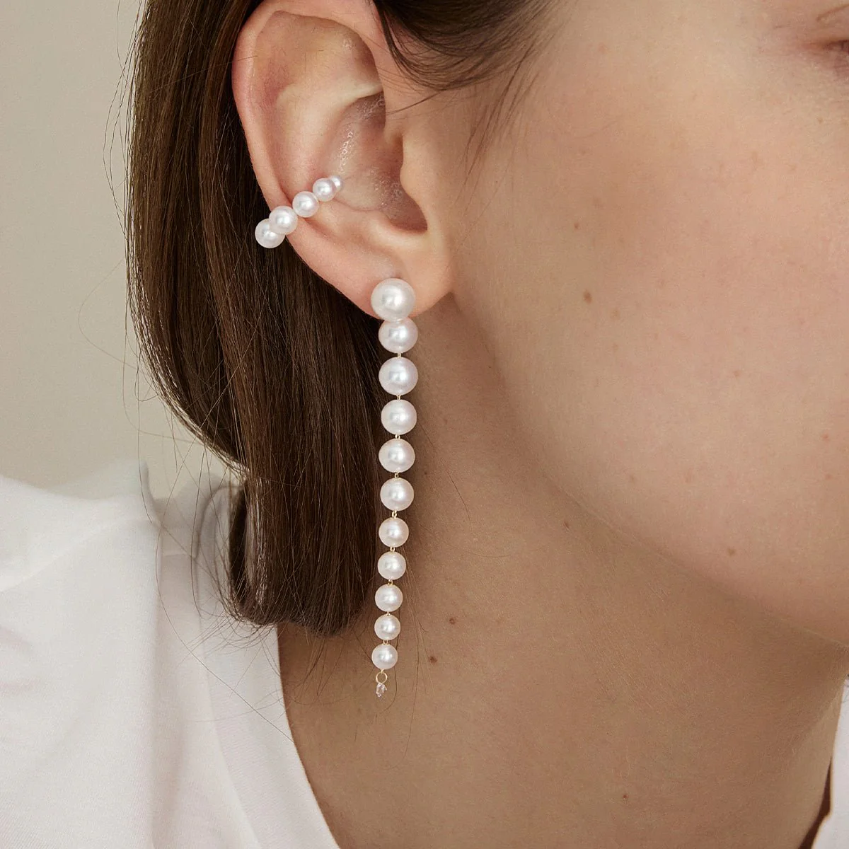 Freshwater Pearls 14K Gold Lab-Grown Diamonds Flowing Modular Hook Earrings - Image 4