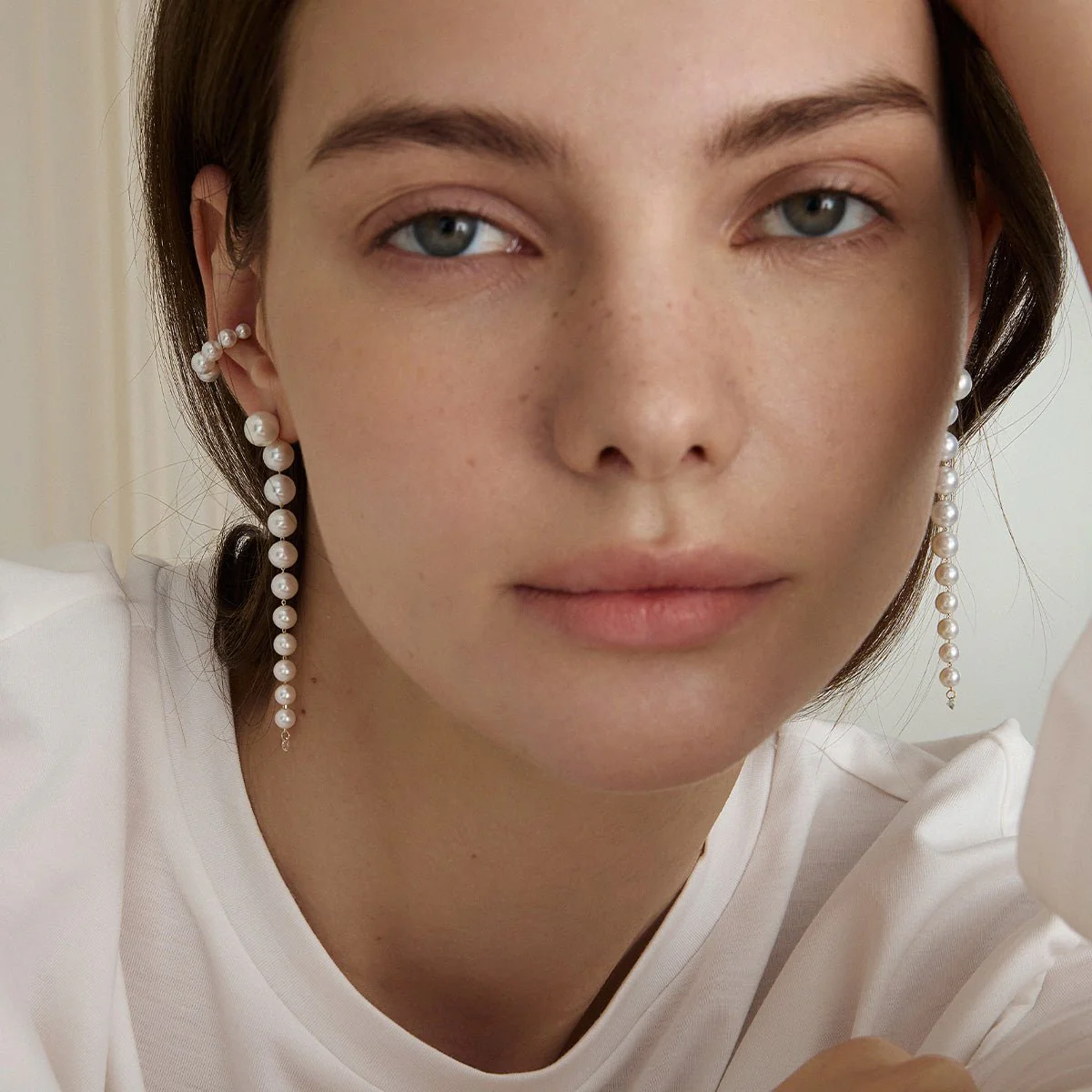 Freshwater Pearls 14K Gold Lab-Grown Diamonds Flowing Modular Hook Earrings - Image 8