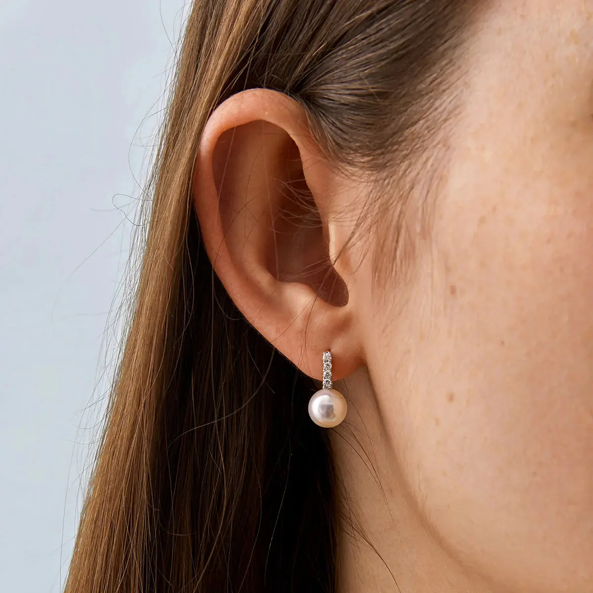 Akoya Saltwater Pearl 18K White Gold Semibreve Diamond Earrings - Image 2