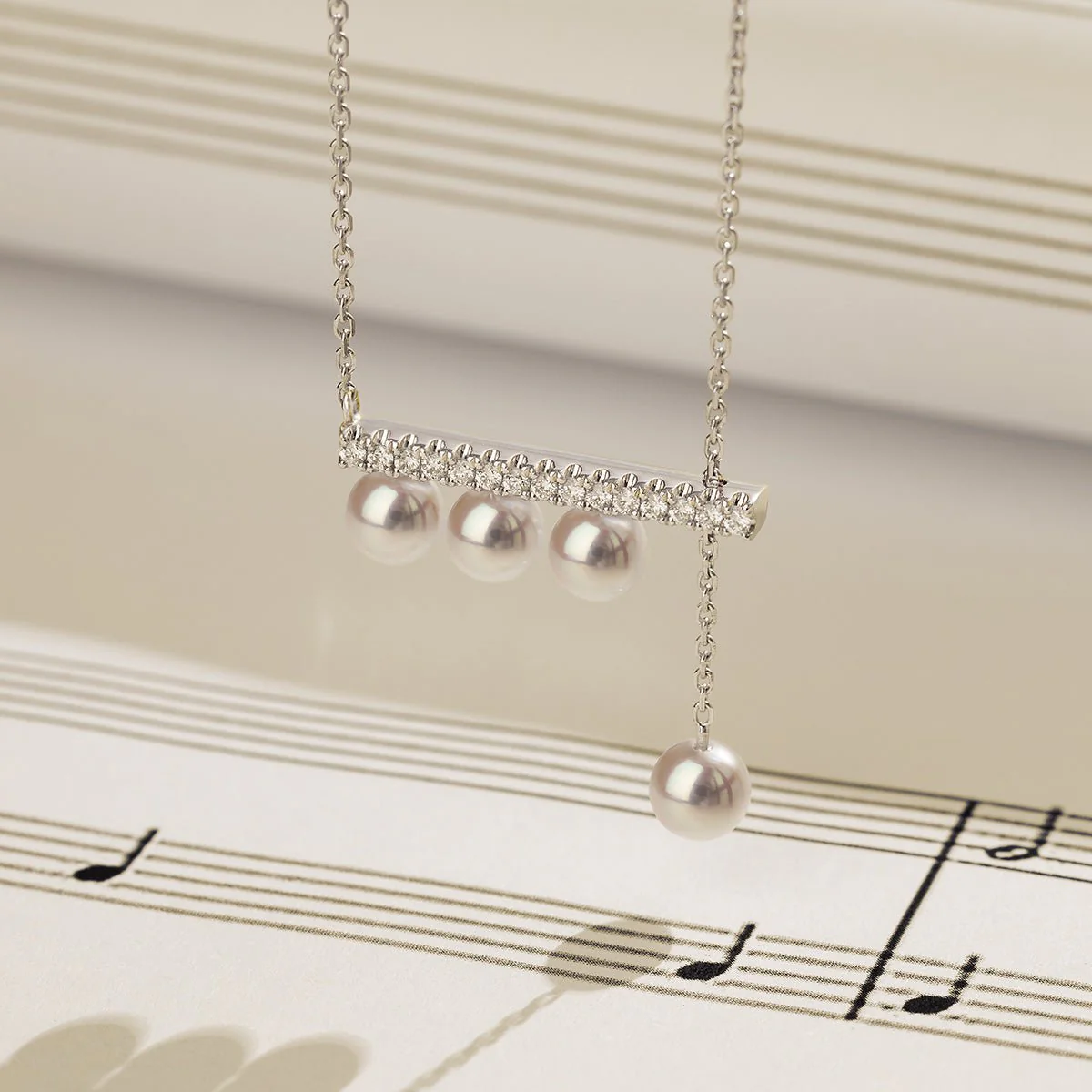 Akoya Saltwater Pearl 18K White Gold Balance Beam Diamond Necklace - Image 3
