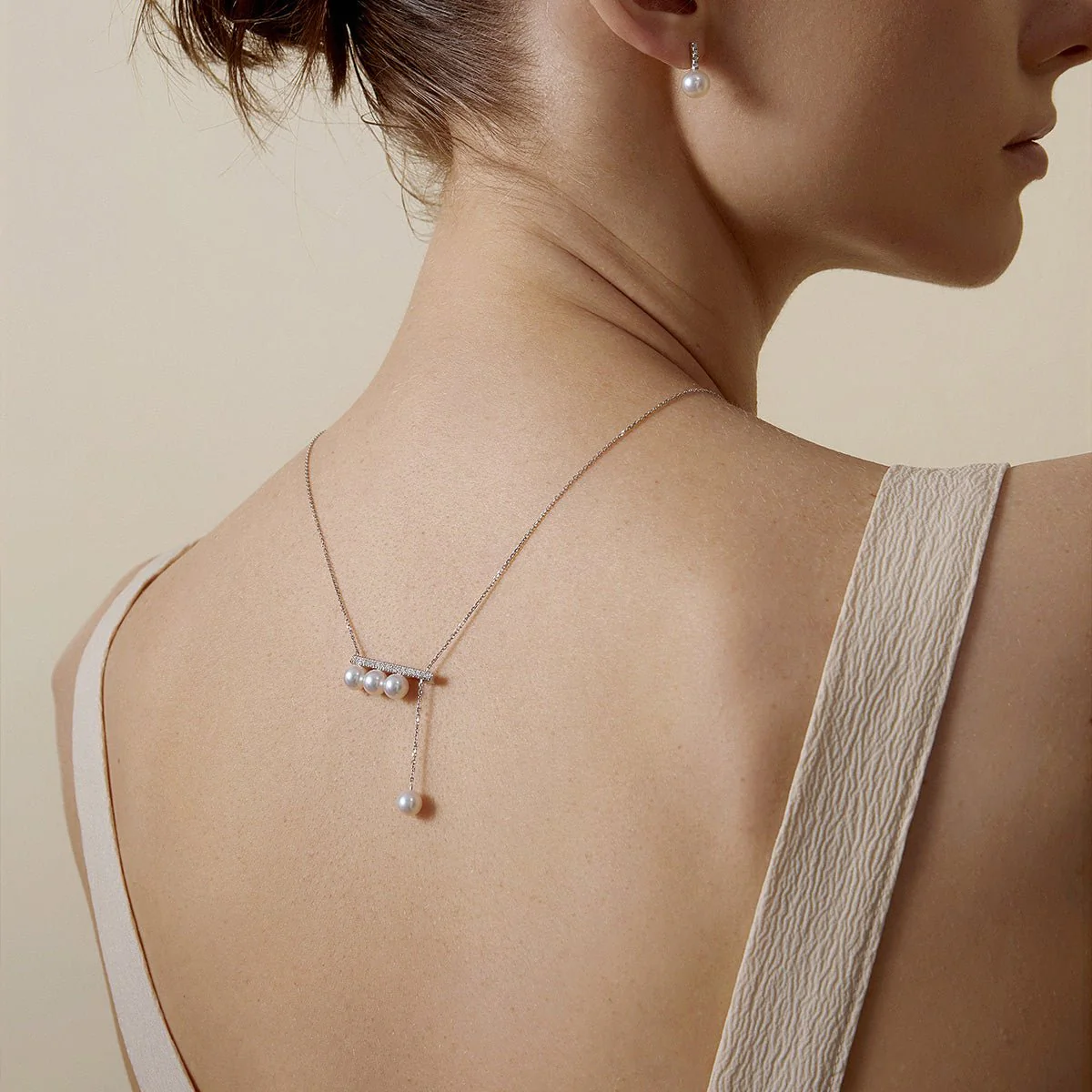 Akoya Saltwater Pearl 18K White Gold Balance Beam Diamond Necklace - Image 5
