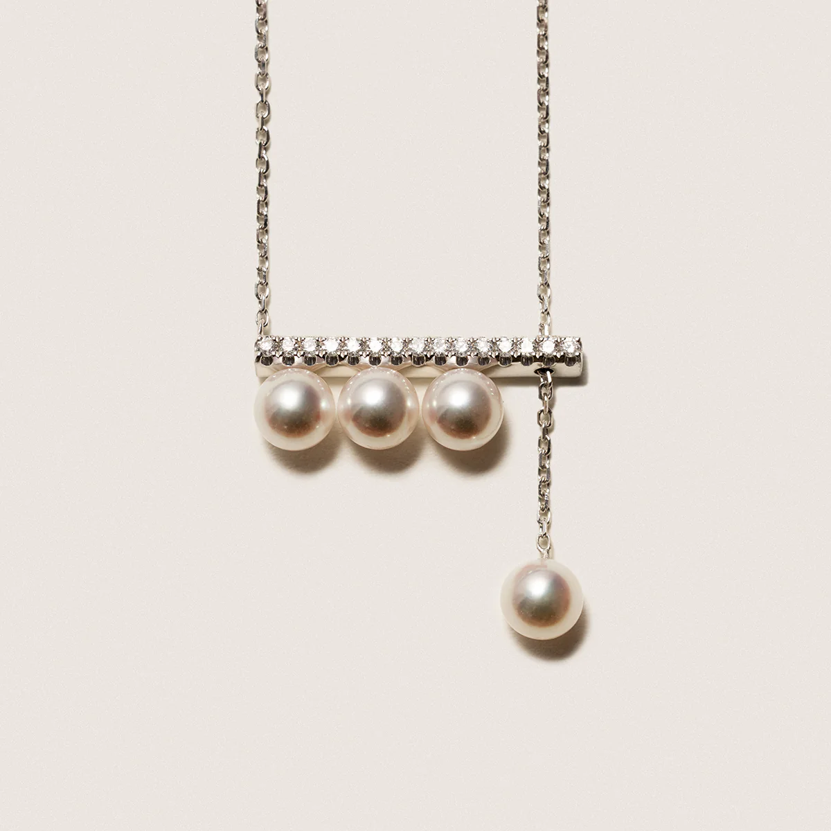 Akoya Saltwater Pearl 18K White Gold Balance Beam Diamond Necklace - Image 9