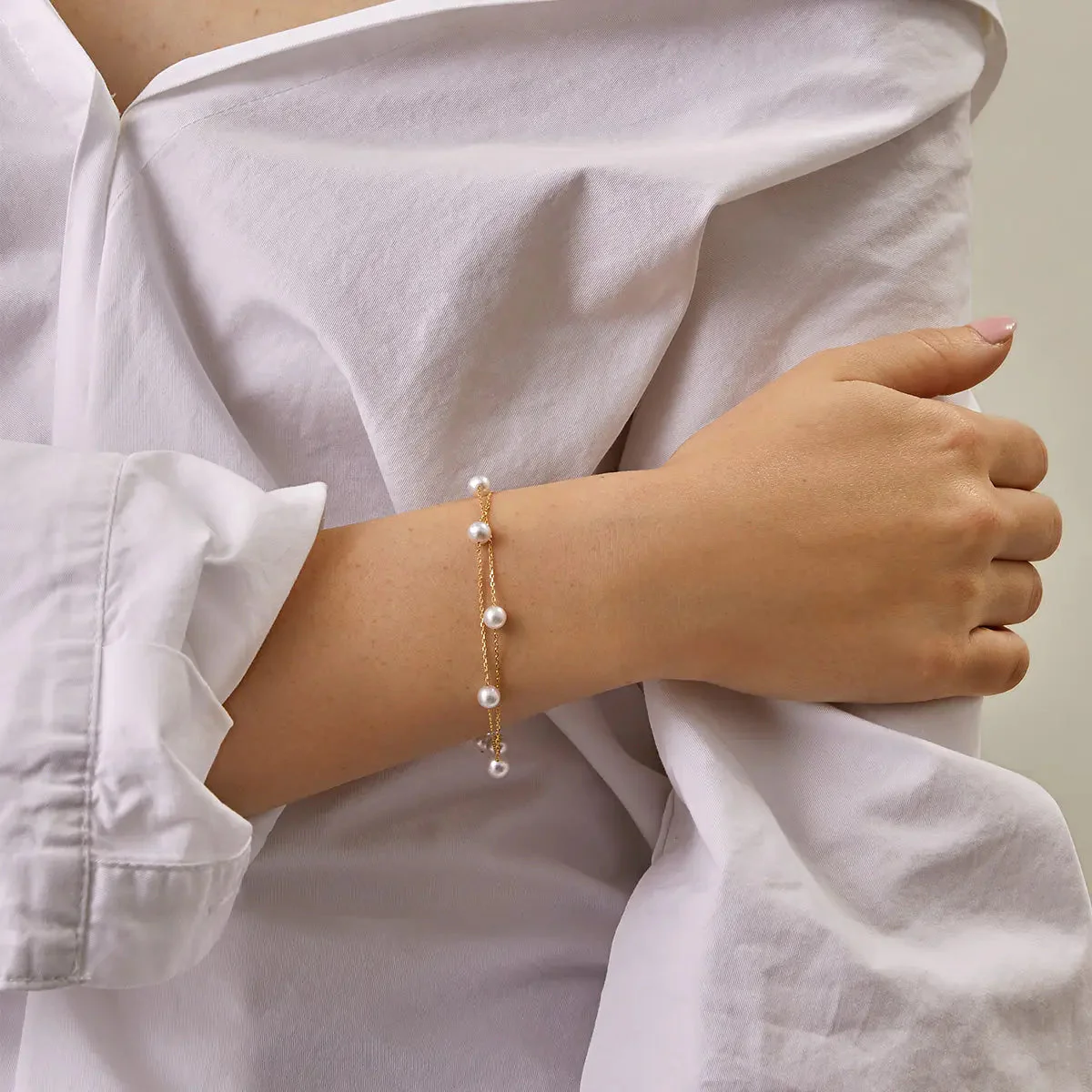 Akoya Pearl 18K Gold Baby's Breath Double Strand Bracelet - Image 4
