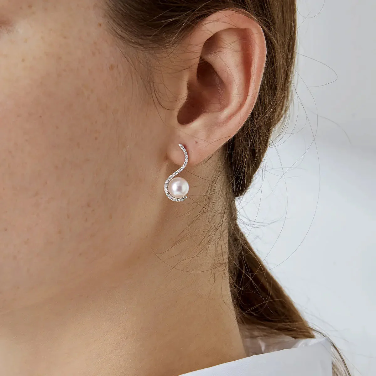 Akoya Pearl 18K White Gold Swan Diamond Earrings - Image 6