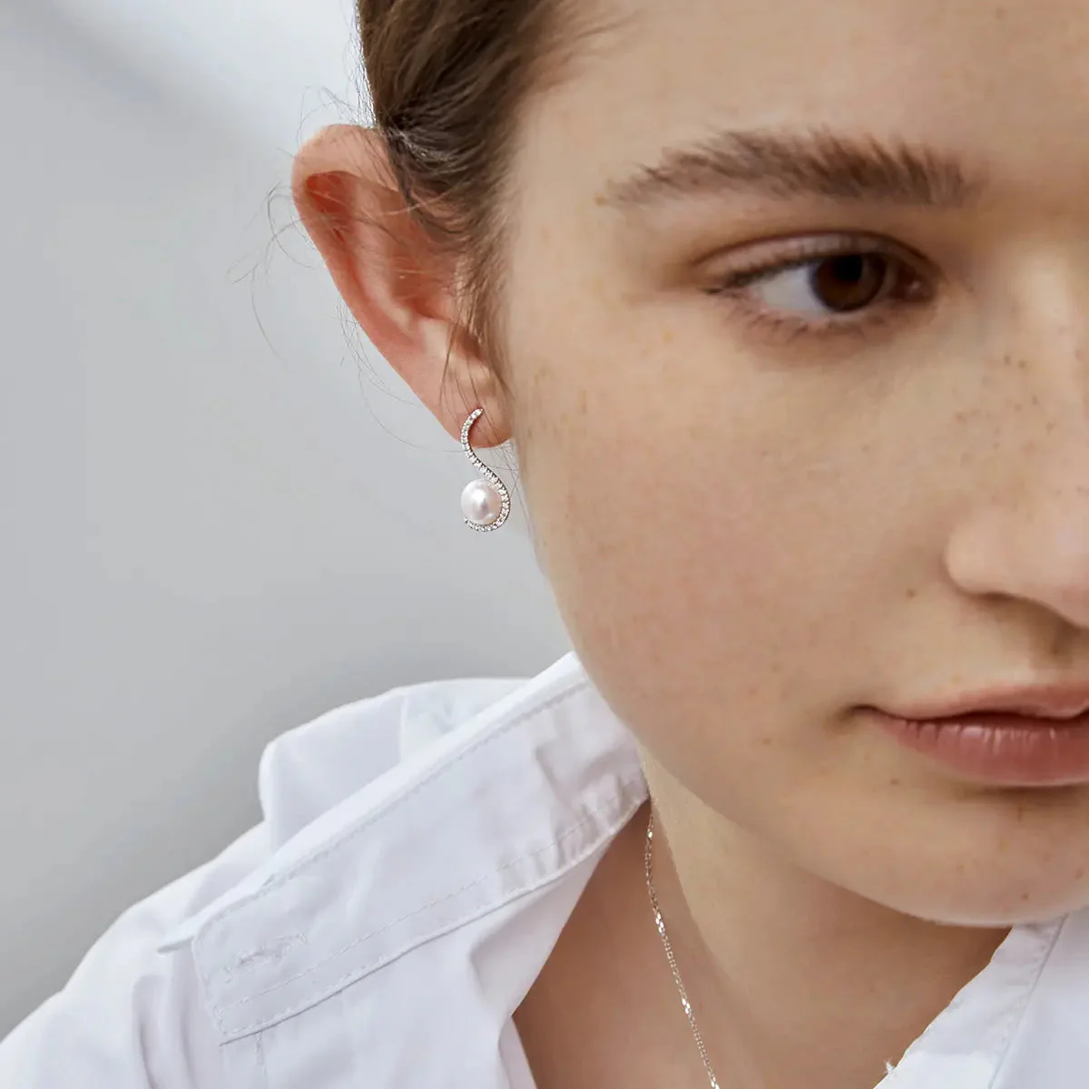 Akoya Pearl 18K White Gold Swan Diamond Earrings - Image 7
