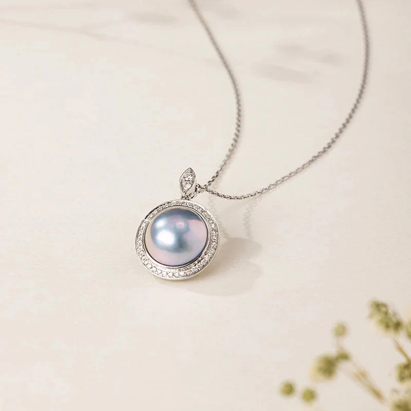 Silver Blue Mabe Pearl Diamond Pendant Necklace - Image 3