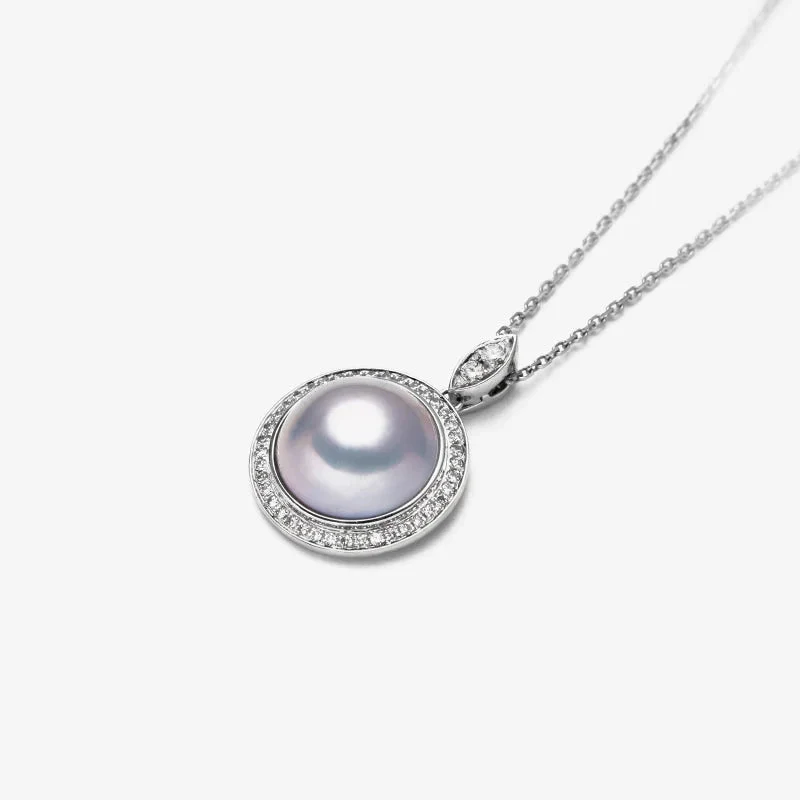 Silver Blue Mabe Pearl Diamond Pendant Necklace - Image 4