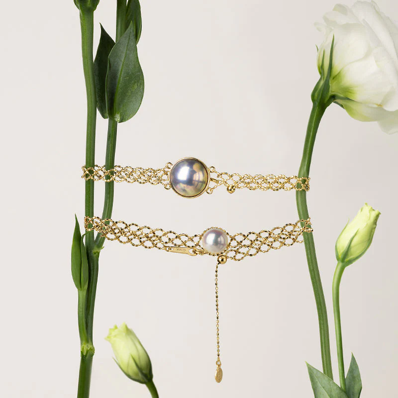 Mabe Pearl 18K Gold Woven Beaded Chain Bracelet - Image 3