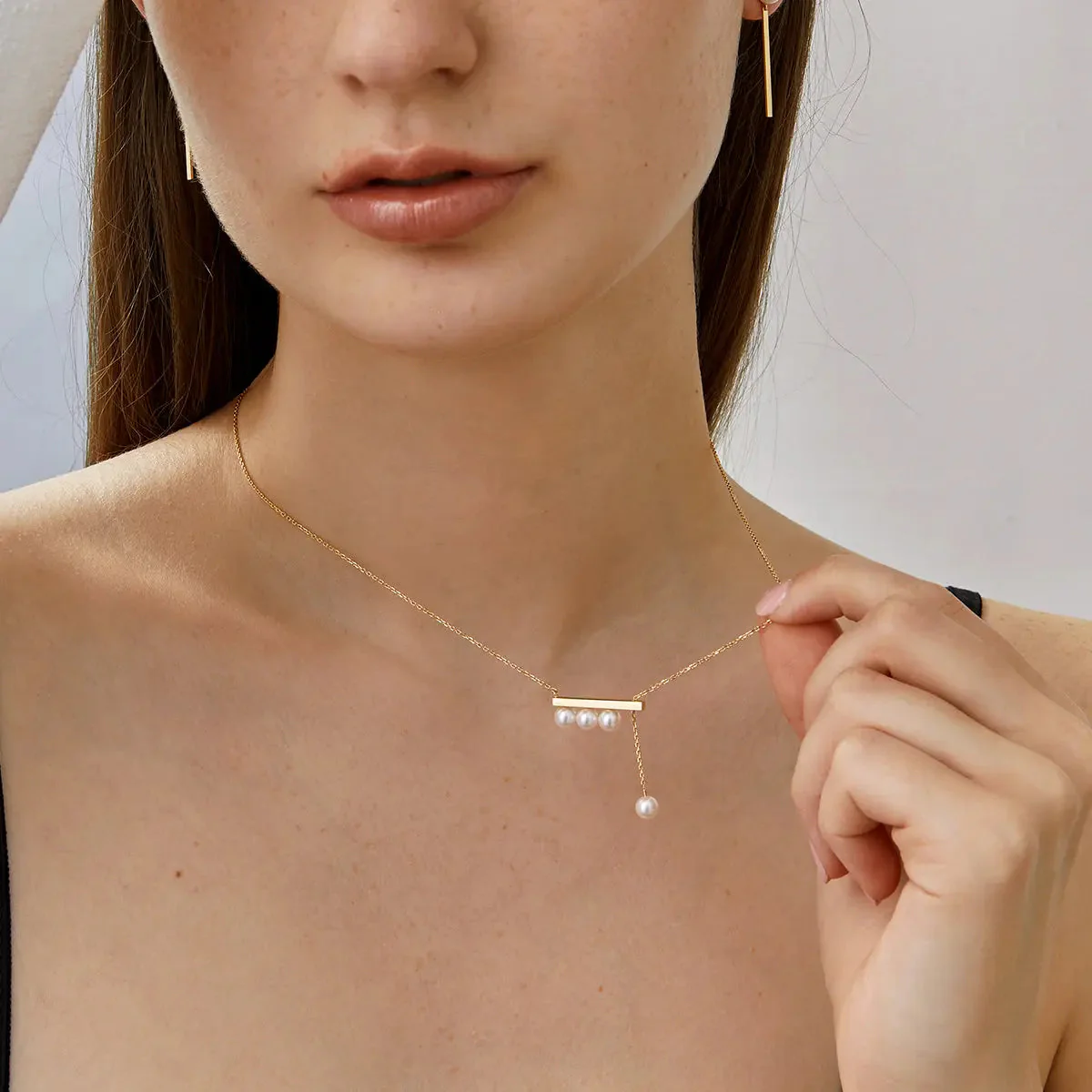 Akoya Saltwater Pearl 18K Yellow Gold Balance Beam Necklace - Image 3