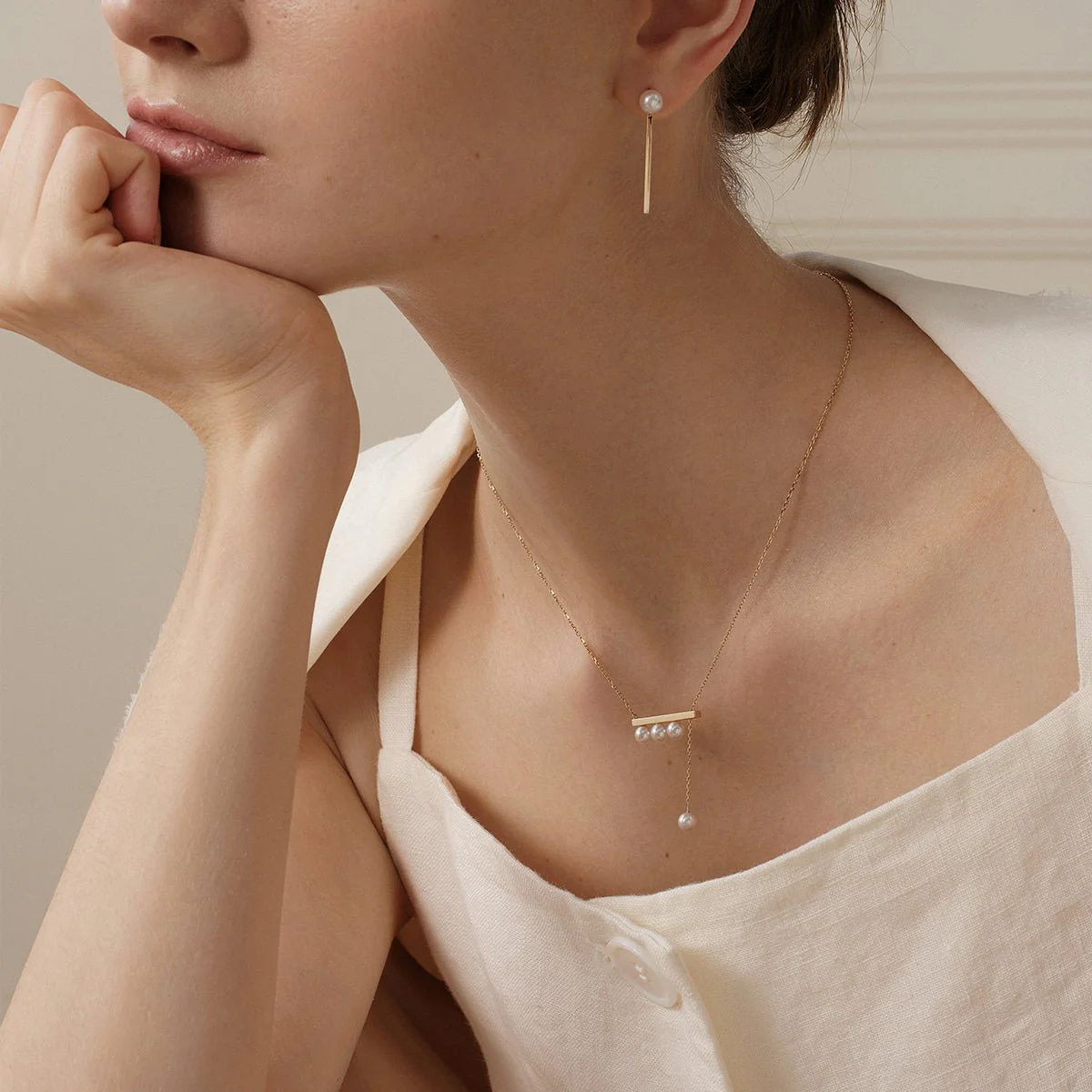 Akoya Saltwater Pearl 18K Yellow Gold Balance Beam Necklace - Image 7