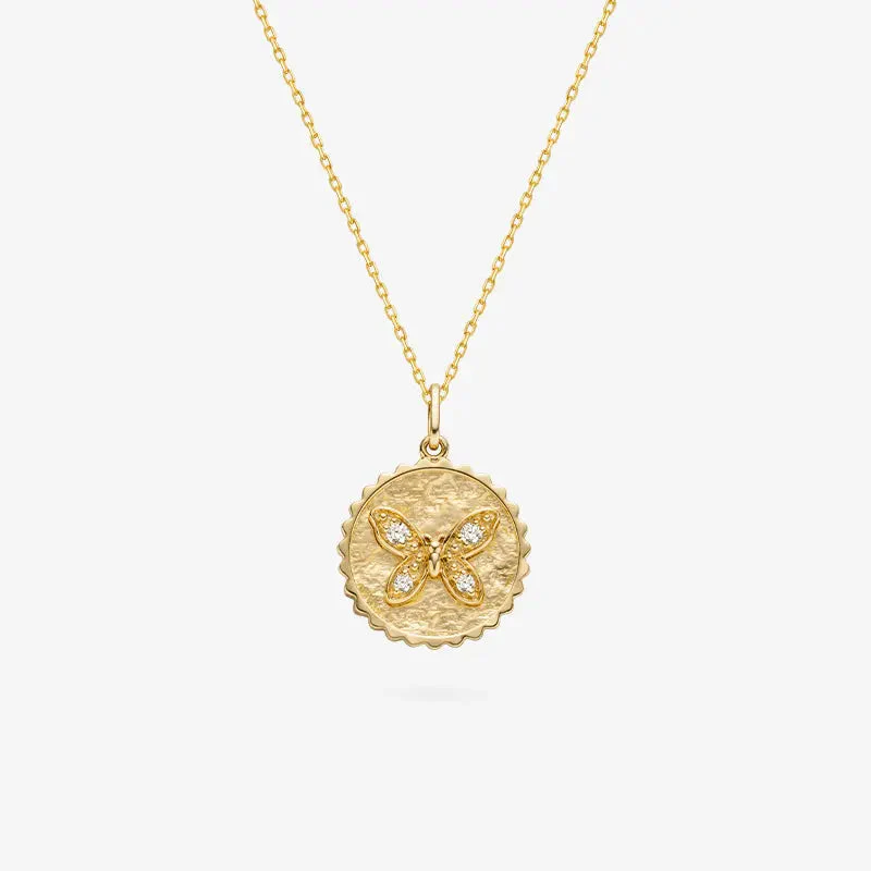 18K Gold Butterfly Coin Diamonds Necklace - Image 6