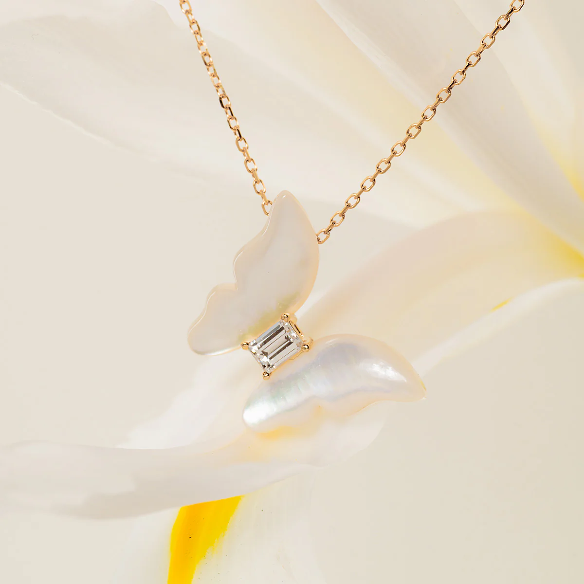 Mother-of-Pearl 10K 14K Gold Lab-Grown Diamond Butterfly Sugar Cube Pendant Necklace - Image 3