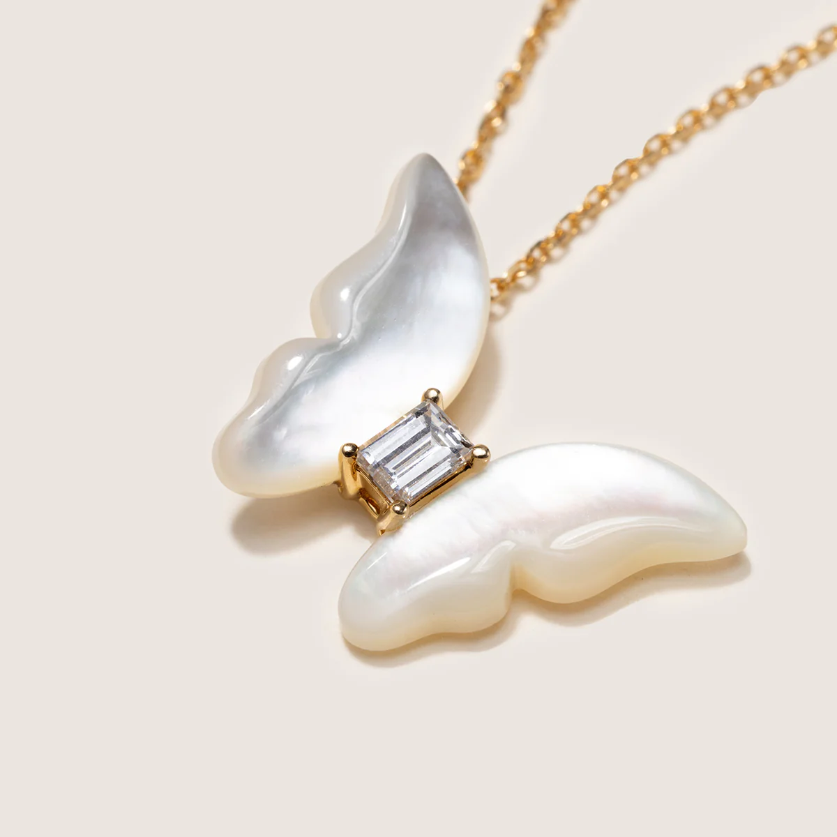 Mother-of-Pearl 10K 14K Gold Lab-Grown Diamond Butterfly Sugar Cube Pendant Necklace - Image 5