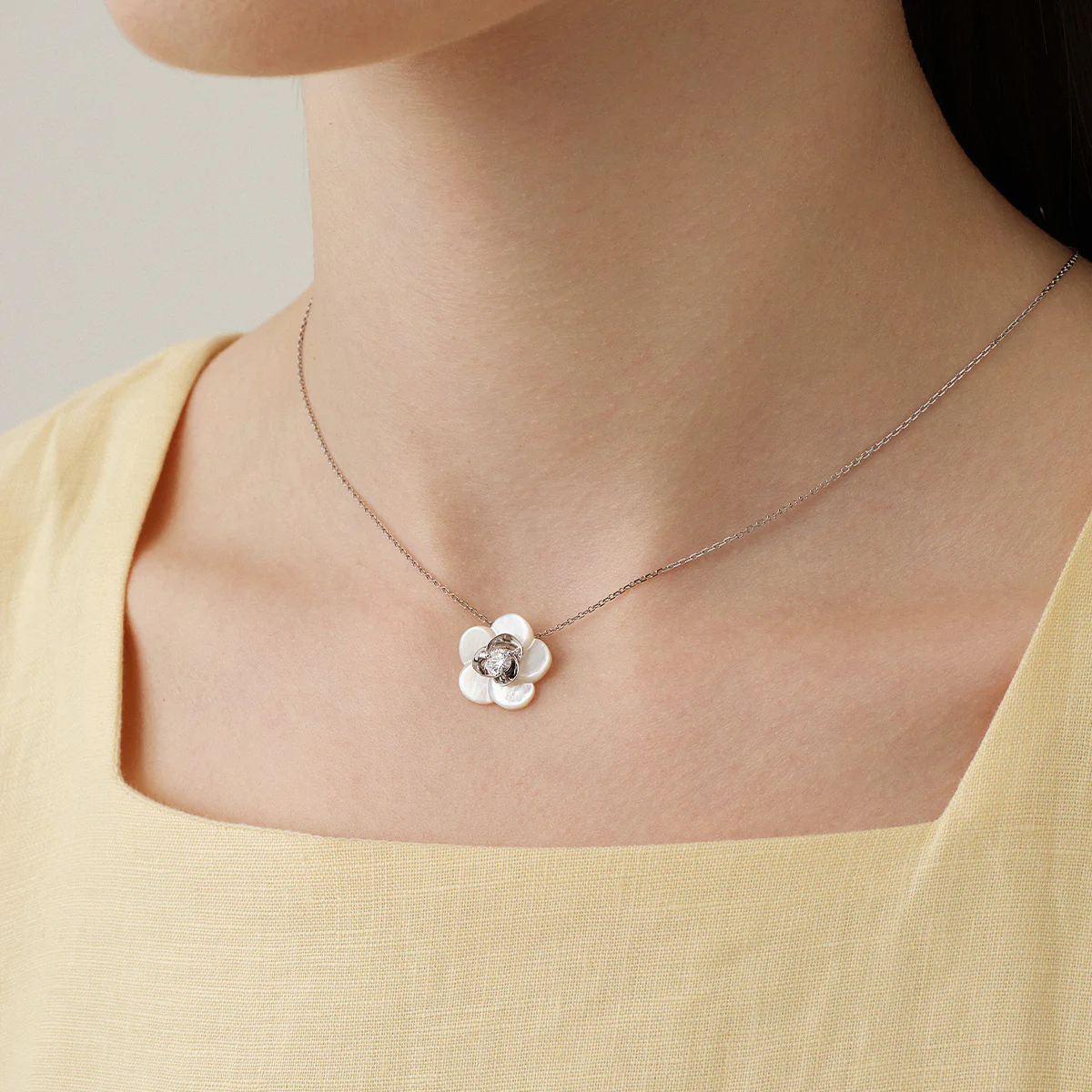 Mother-of-pearl 10K 14K White Gold Lab-Grown Diamond Gardenia Pendant Necklace - Image 2