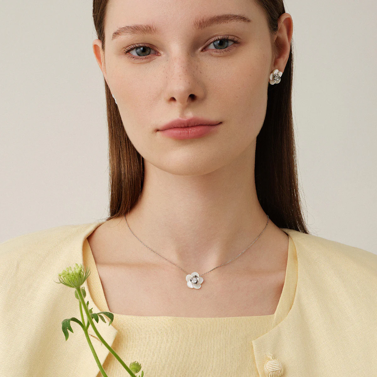 Mother-of-pearl 10K 14K White Gold Lab-Grown Diamond Gardenia Pendant Necklace - Image 4