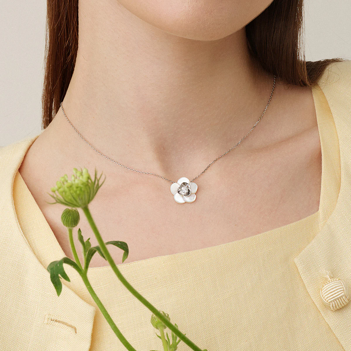 Mother-of-pearl 10K 14K White Gold Lab-Grown Diamond Gardenia Pendant Necklace - Image 8