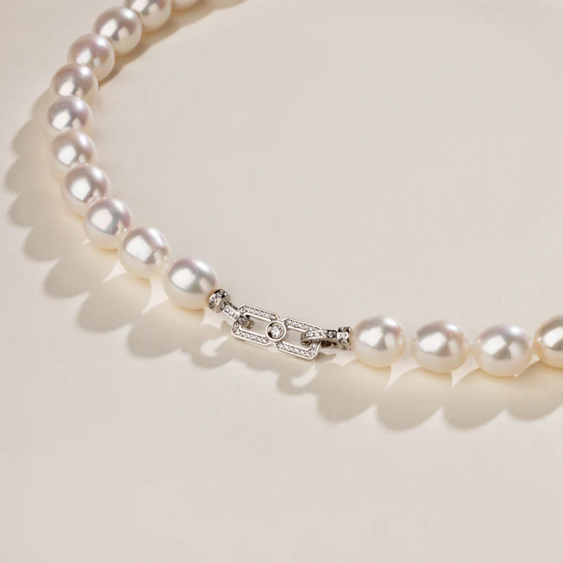 Oval Freshwater Pearl 925 Sterling Silver Cubic Zirconia Double Clasp Necklace - Image 3
