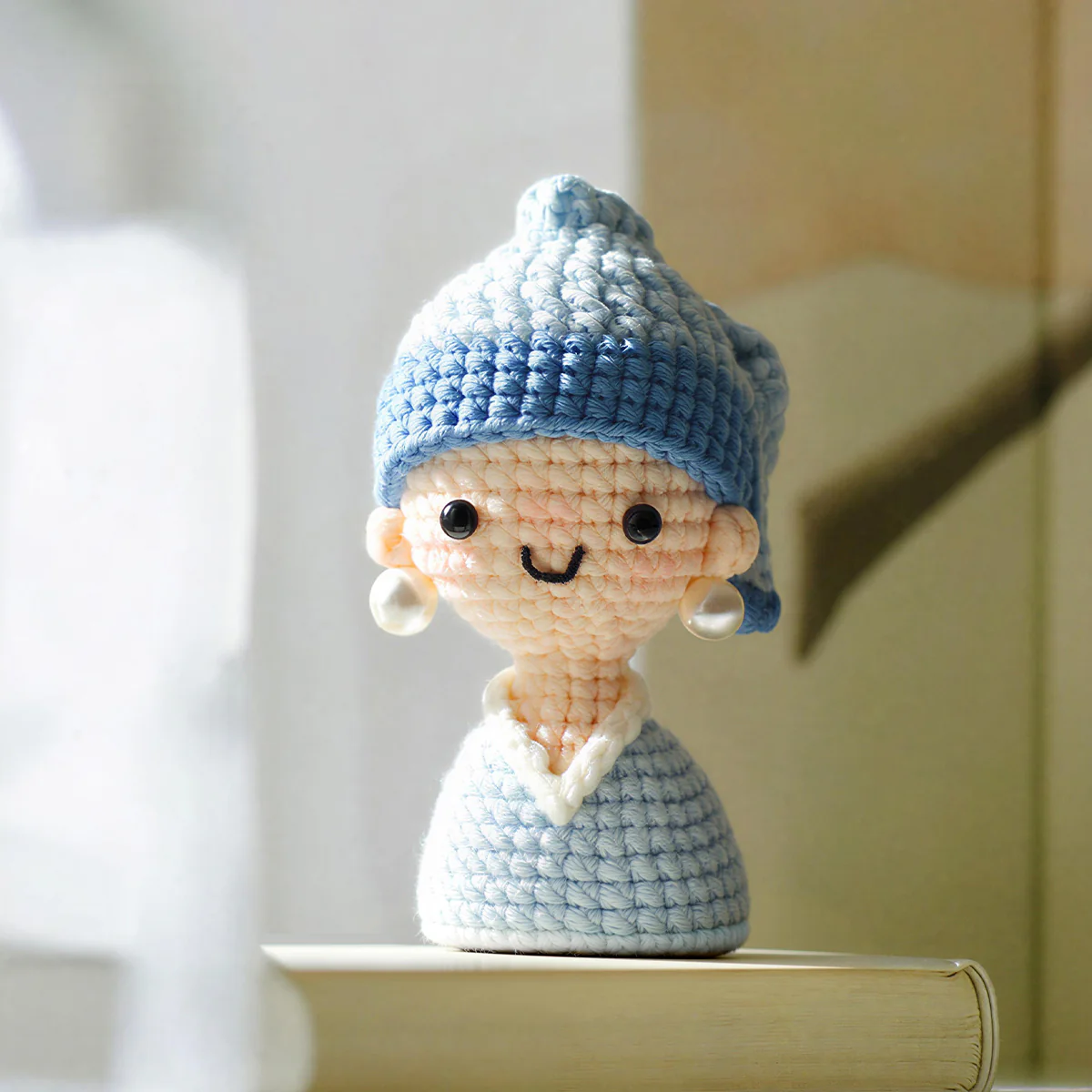 Pearl Earring Girl Crochet Hand‑Knitted Art Yarn Doll Keychain - Image 2