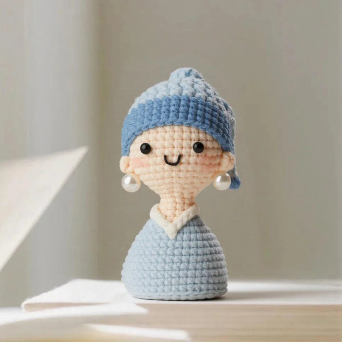Pearl Earring Girl Crochet Hand‑Knitted Art Yarn Doll Keychain - Image 4