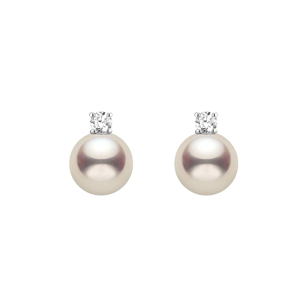 Premier Akoya Pearl 18K Gold 4-Prong Diamond Stud Earrings - Image 3