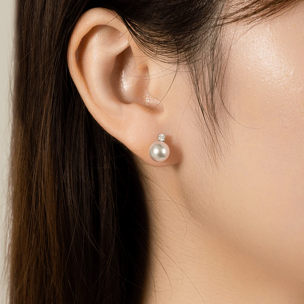 Premier Akoya Pearl 18K Gold 4-Prong Diamond Stud Earrings - Image 4