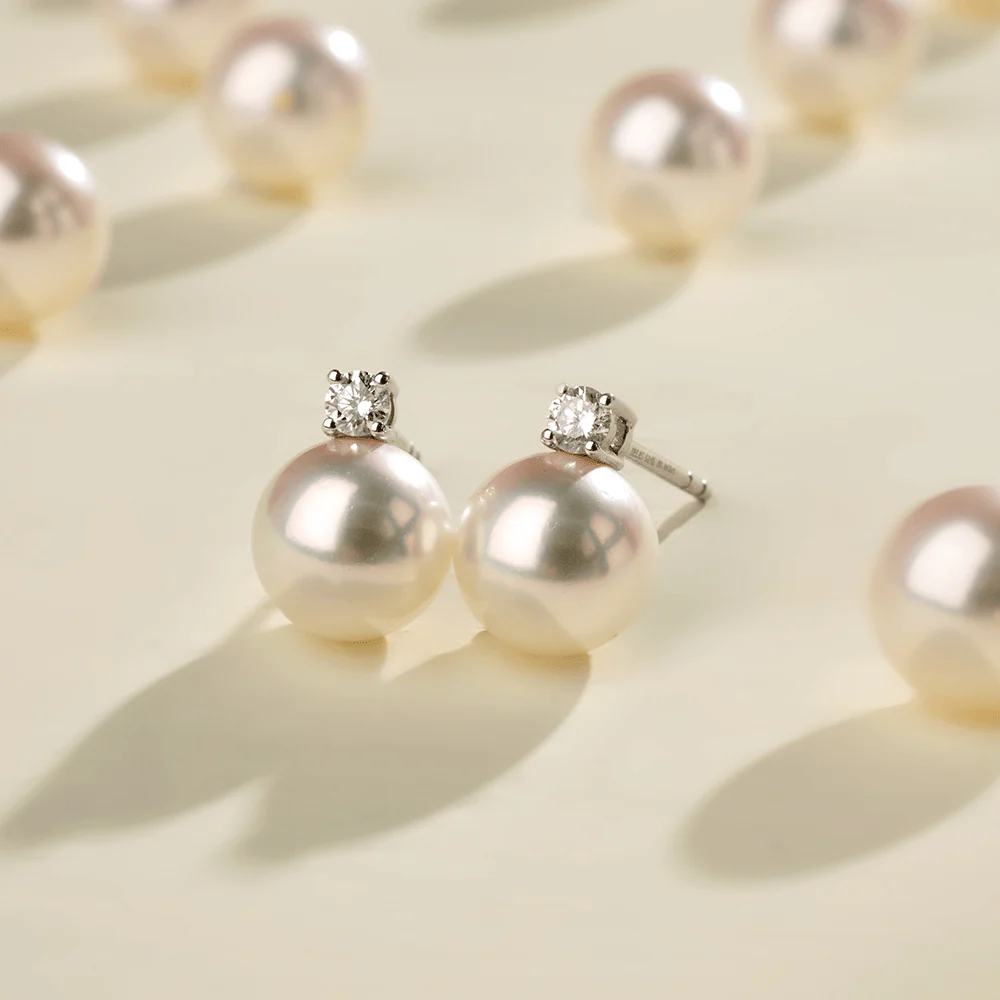 Premier Akoya Pearl 18K Gold 4-Prong Diamond Stud Earrings - Image 5