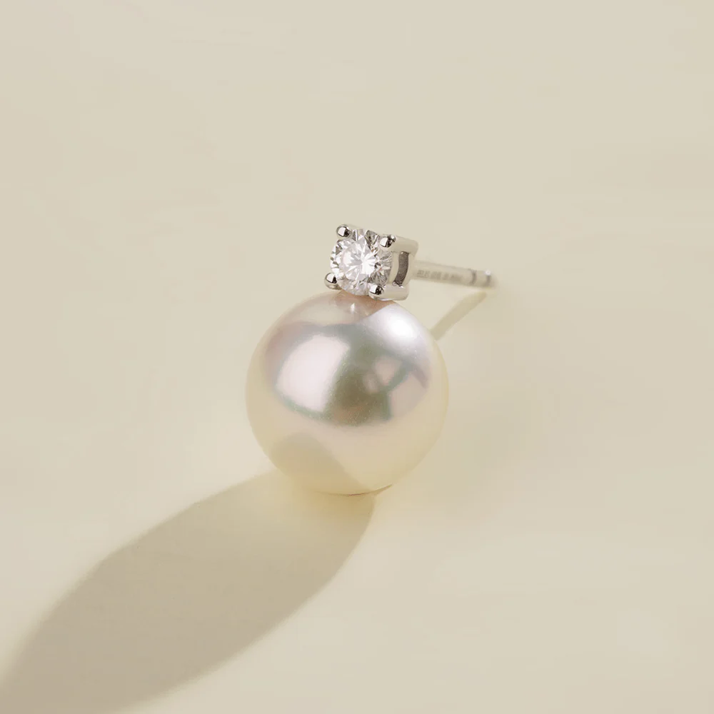 Premier Akoya Pearl 18K Gold 4-Prong Diamond Stud Earrings - Image 6