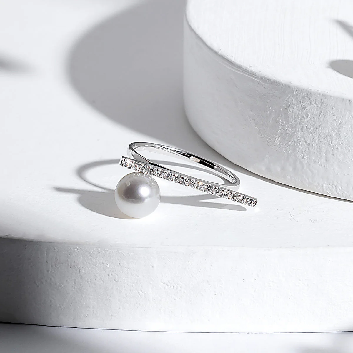 Akoya Pearl 18K White Gold Moon Diamond Ring - Image 3