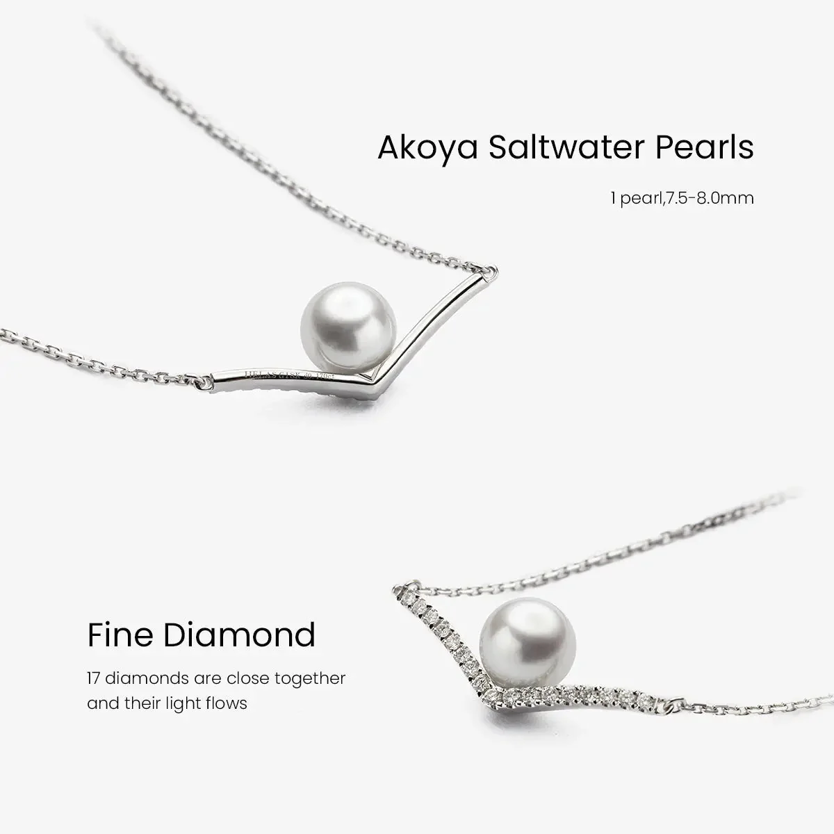 Akoya Saltwater Pearl 18K White Gold Diamond V-shape Necklace - Image 3