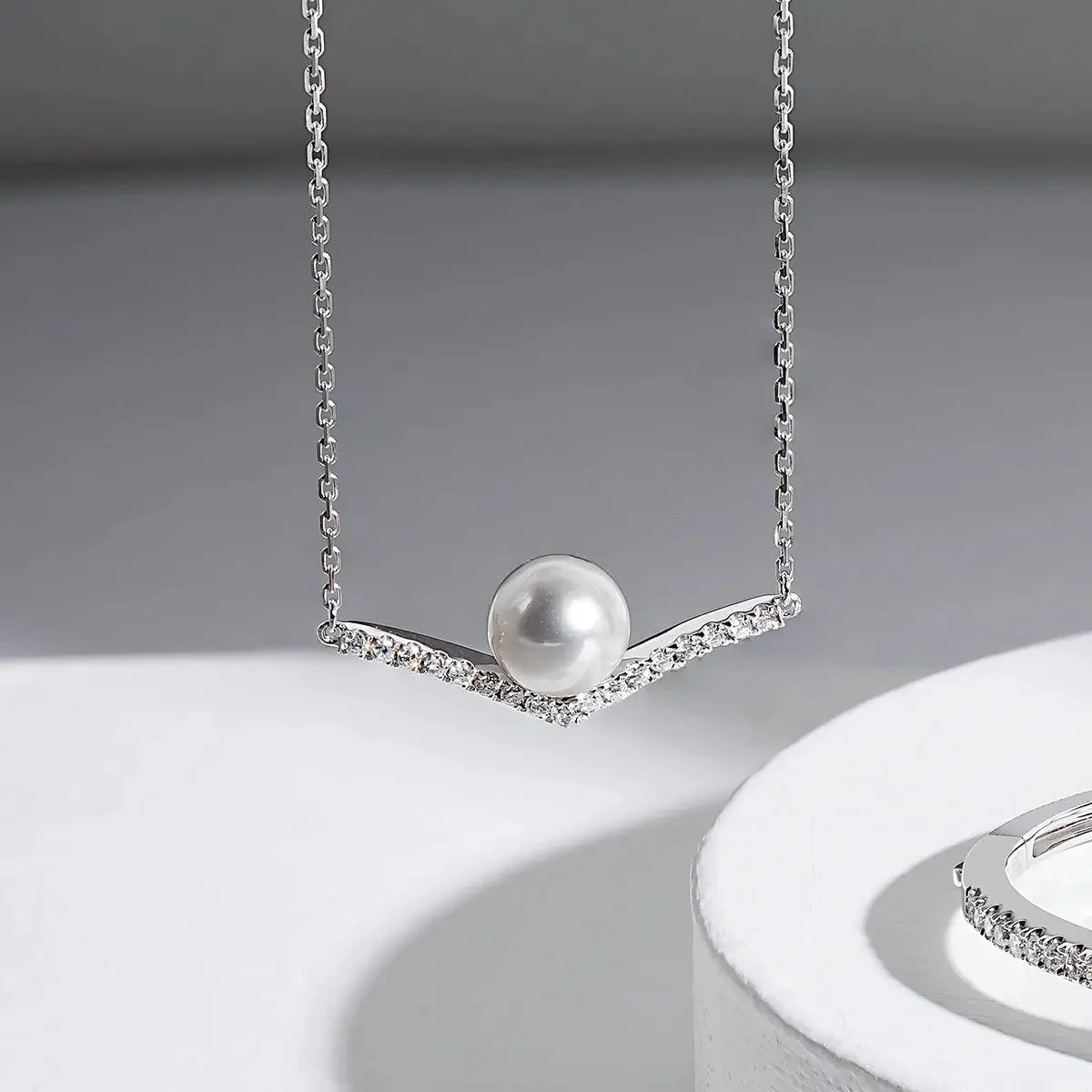 Akoya Saltwater Pearl 18K White Gold Diamond V-shape Necklace - Image 5