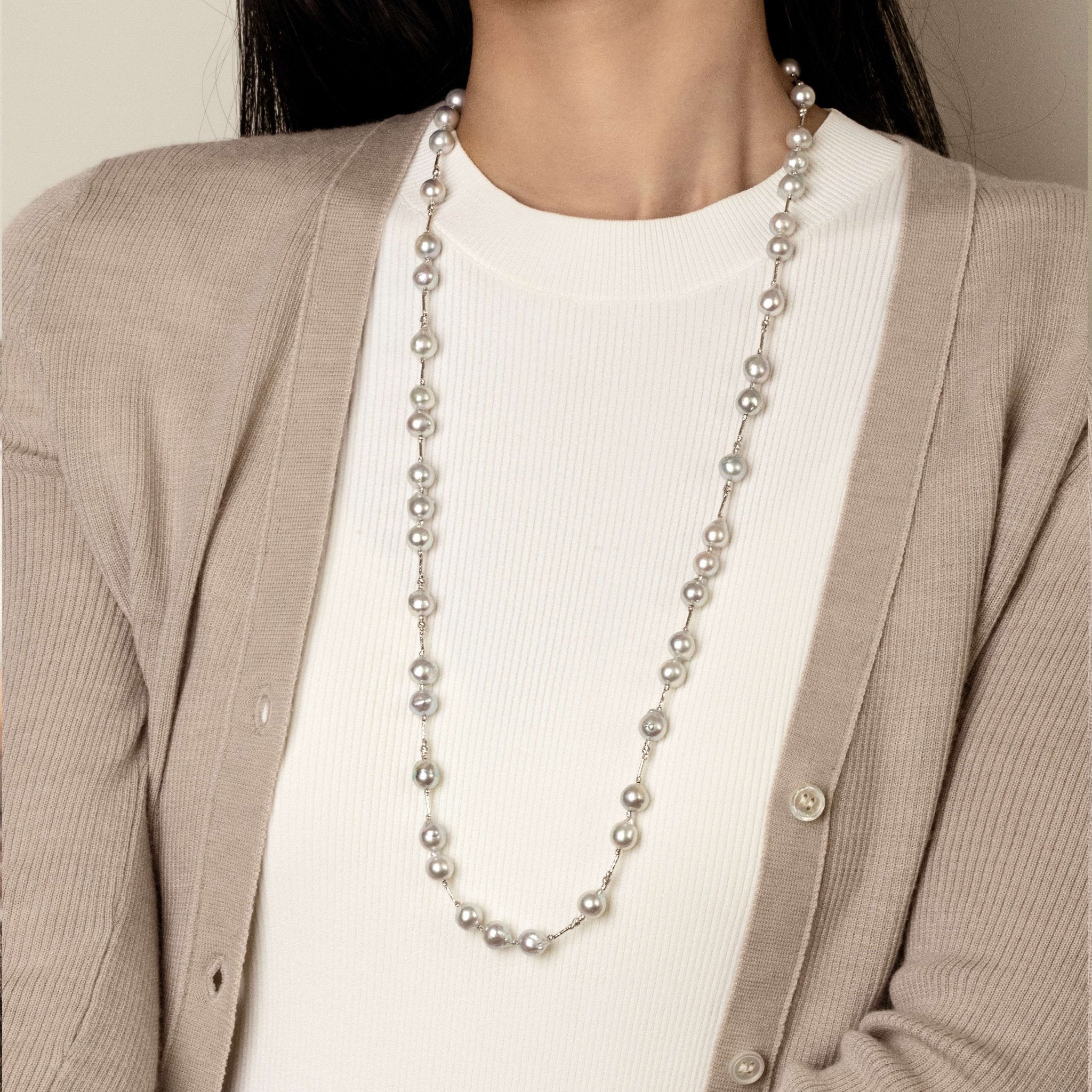 Silver Blue Baroque Pearl 18K Gold Sparkling Long Station Necklace - Image 5
