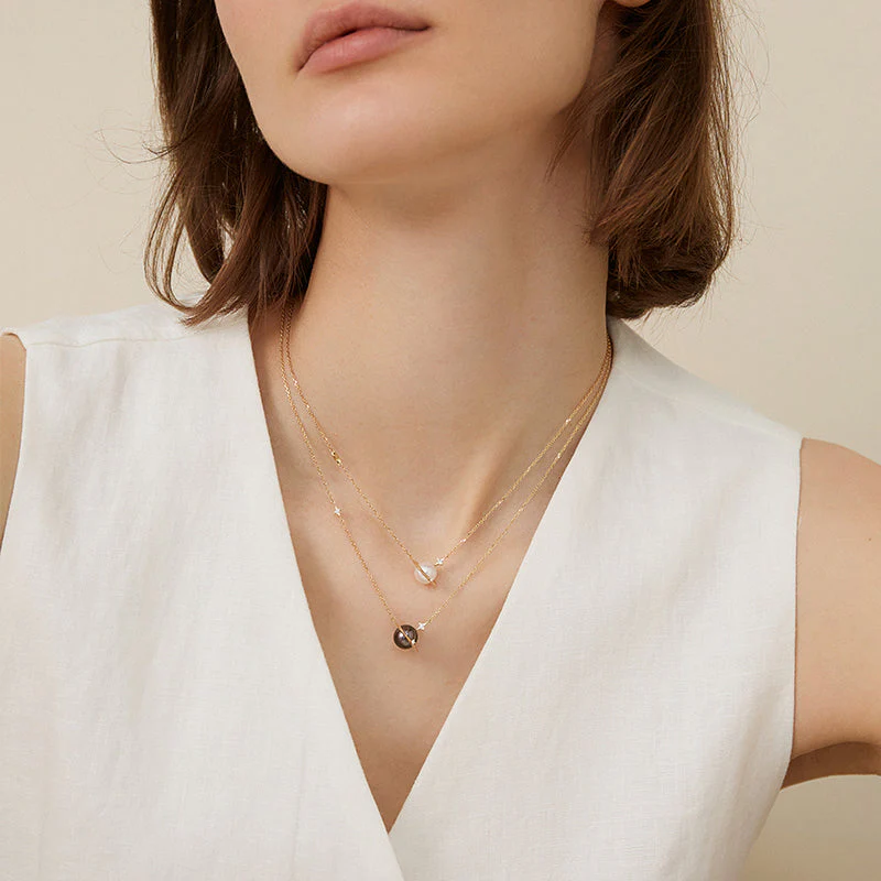 Saltwater Pearl 18K Gold Diamonds Planet Necklace - Image 13