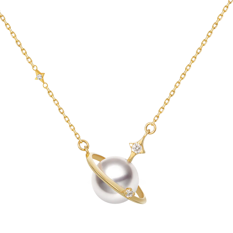 Saltwater Pearl 18K Gold Diamonds Planet Necklace - Image 3