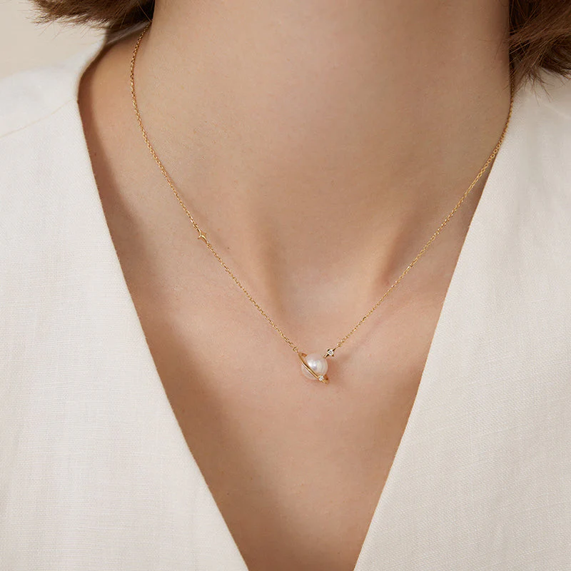 Saltwater Pearl 18K Gold Diamonds Planet Necklace - Image 4