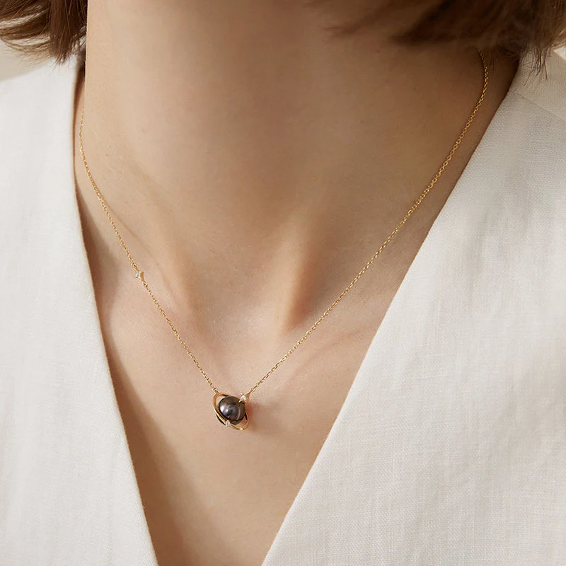 Saltwater Pearl 18K Gold Diamonds Planet Necklace - Image 6