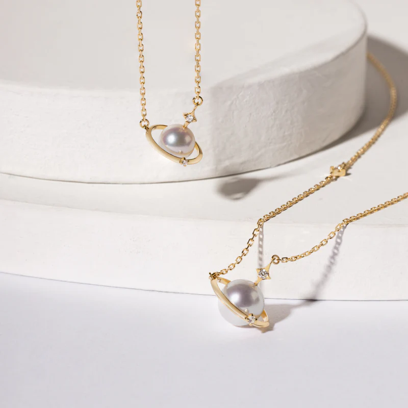 Saltwater Pearl 18K Gold Diamonds Planet Necklace - Image 7
