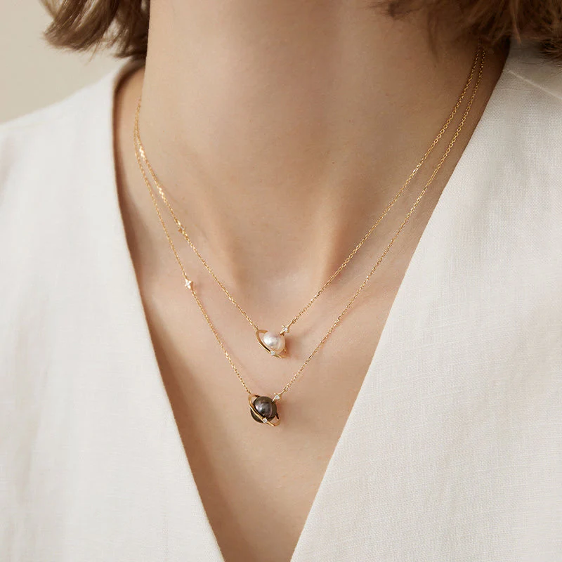 Saltwater Pearl 18K Gold Diamonds Planet Necklace - Image 9