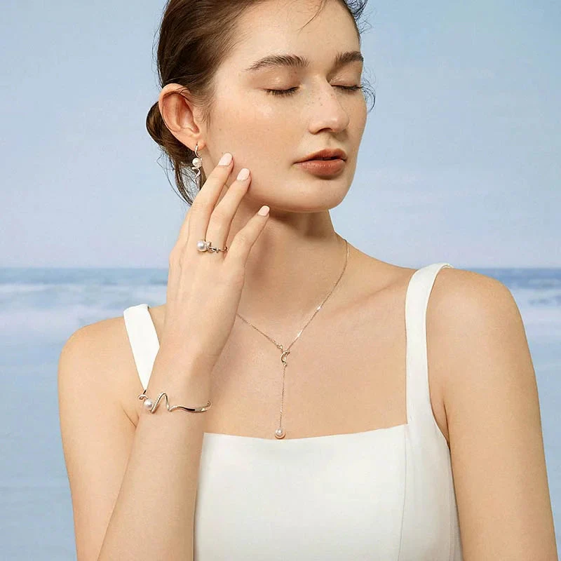Akoya Pearl 18K Solid Gold Adjustable Y-shaped Diamonds Necklace - Image 4