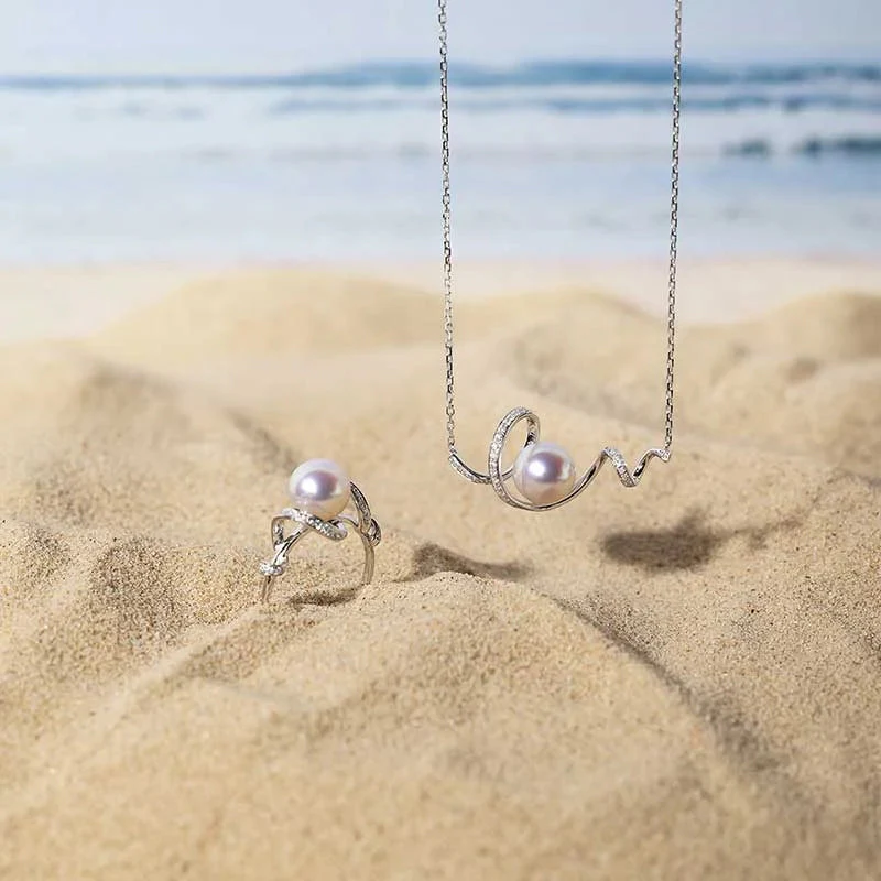 Akoya Pearl 18K White Gold Big Wave Curl Diamonds Necklace - Image 5