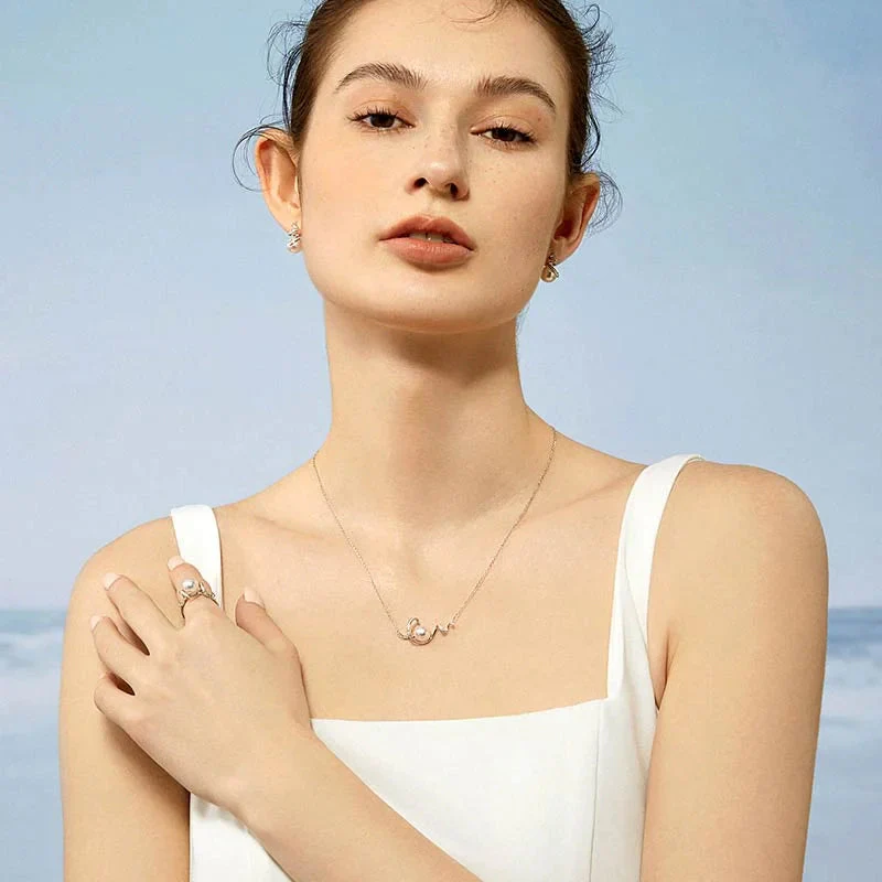 Akoya Pearl 18K White Gold Big Wave Curl Diamonds Necklace - Image 6
